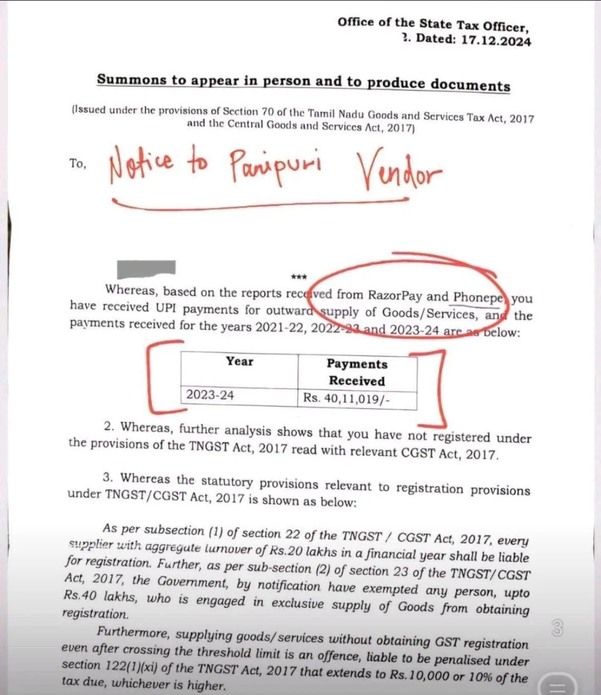 Govt Is Tracking Everyone : Panipuri Wala Gets GST Notice On Basis Of UPI Payments
